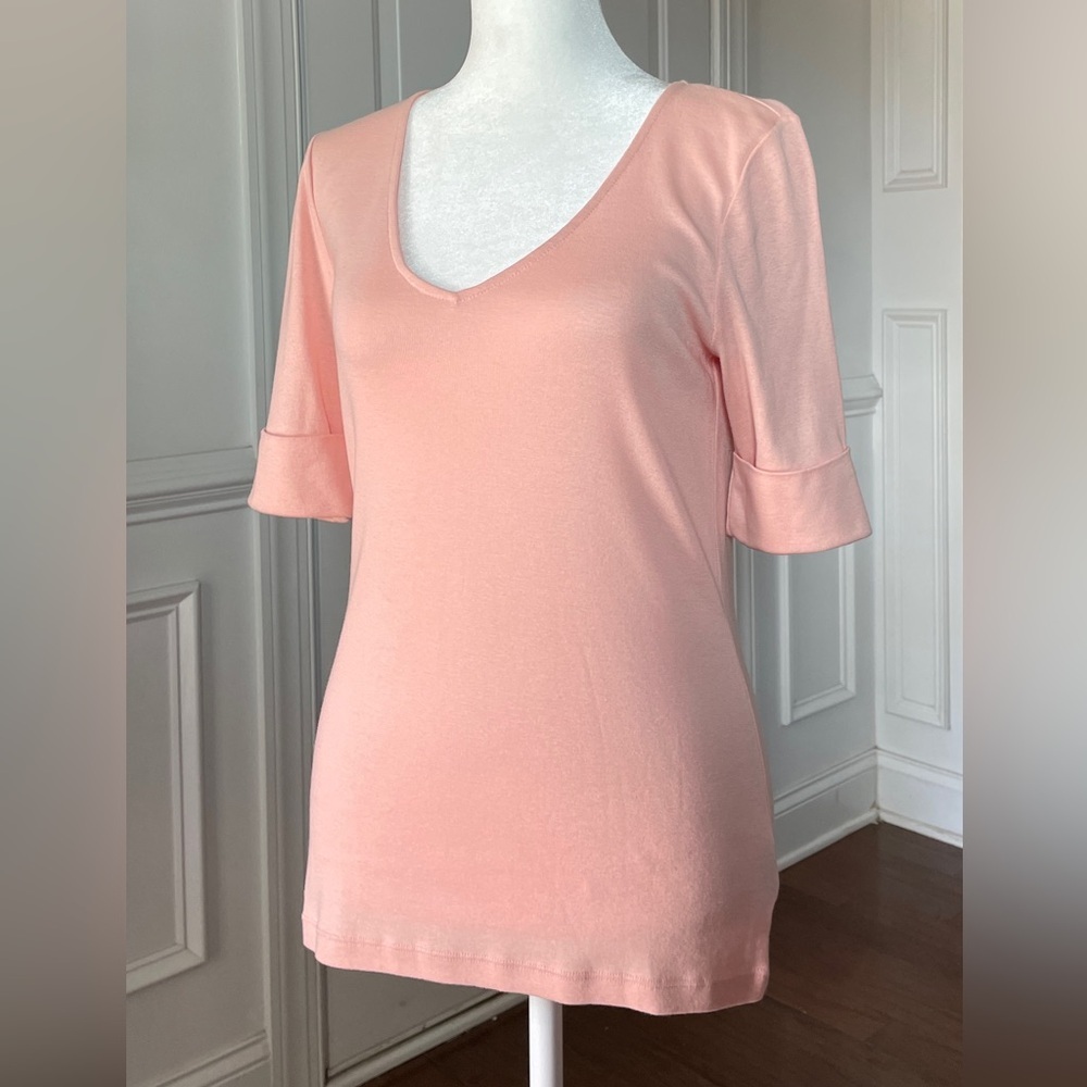 Ralph Lauren Light Pink Stretch Cotton Elbow-Sleeve V-Neck Tee Size Small
